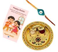 Evil Eye Rakhi with Roli Kumkum, Funny Raksha Bandhan Card & Decorative Pooja Thali (14cm) | Rakhi Combo Gift Set for Brother, Pack of 1 with Big Thali, Brass, Rhinestone