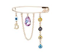 Evil Eye Waterdrop Crystal Paperclip Brooch Pin Gold Chain Tassel Safety Pin for Women Men Girls Enamel Devil's Eye Letter D Lapel Pin Gold Face Avatar Collar Pin, Zinc, no gemstone
