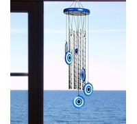 Evil Eye Wind Chime for Home Décor, 27-Inch Turkish Evil Eye Wind Chime with 4 Silver Pipes for Positive Energy, Wall Hanging, Living Room, Balcony & Garden Indoor and Outdoor Use Housewarming Gift