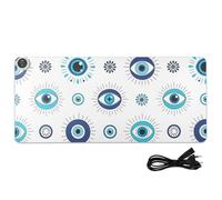 Evil Eyes Flowers White Print Heated Desk Mat Large Heated Laptop Desk Pad with 3 Heating Levels PU Leather Desktop Table Protector for Work Decor, 31.5x13in