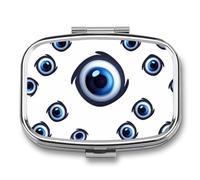 Evil Eyes Pill Box 2 Compartment, Portable Pill Case with Mirror for Pocket Purse Travel, Mini Metal Medicine Organizer for Vitamins Fish Oil