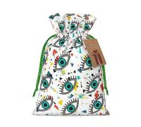 (Evil eyes) Printed Christmas M Size Gift Bags with Green Ribbon Drawstring Candy Bags for Kids Xmas Holiday Christmas Eve Presents