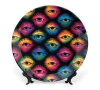 Evil Eyes Psychedelic Tie Dye Printed Bone China Decorative Plate Ceramic Decorative Plate with Display Stand for Home Wall Decor
