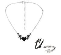 Evil Heart Bat Wing Necklaces Halloween Punk Demon Dragon Wing Love Heart Blue Evil Eye Pendant Necklace Couple Family Friendship Necklace Jewelry, Metal, metal,