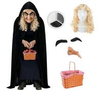 Evil Queen Hag Costume - Old Witch Disguise Set with Black Hooded Cape, Blonde Wig, Prosthetic Nose, Bushy Adhesive Eyebrows, Face Paint & Apple Basket - Inspired Villain Adults Fancy Dress