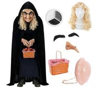 Evil Queen Hag Costume - Old Witch Disguise Set with Black Hooded Cape Blonde Wig Prosthetic Nose Inflatable Hunch Bushy Adhesive Eyebrows Face Paint & Apple Basket Inspired Villain Adults Fancy Dress