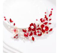 EVILD Flower Wedding Bride Hair Vine Red Rhinestone Hair Piece Pearl Bridal Hair Accessories for Women (Red)