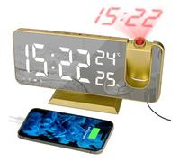 EVILTO Alarm Clock Projector - Vintage Gold Clock RadioTemperature Humidity Display Digital Alarm Clock USB Charging Port 180° Rotable Projection Time
