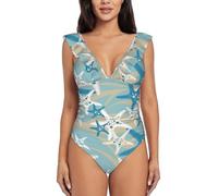 EVIUS Womens 1 Piece Swimsuit Women Tummy Control Ladies Summer Beautiful Starfish Swimming Costume Quick-Drying There are Folds at The Waist Ruffled Shoulder Straps