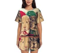 EVIUS Women'S Short-Sleeve Pajama Set Summer Short Sleeve Loungewear Sets Cute Guinea Pigs Print Two Piece Sleepwear Ladies Pjs Sets With Pockets Black