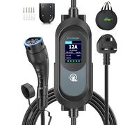 EVJUICION EV Charger 3 Pin Plug, 15M 2.8kW 6-12A 3 Pin EV Charger, Portable Electric Car Charger for up to 12H Delayed Start Charging, EV Charger Cable Type 2 with 2.4″ LED Screen, IP67 for EVs & PHEV
