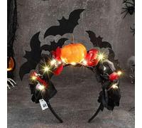 Evlry LED Halloween Flower Crown Headband Light Up Pumpkin Headpiece Day of the Dead Headwear Black Bats Wreath Hair Garland for Women