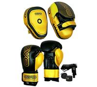 EVO Fitness Matte Boxing pads and Gloves Set Target Focus pads Mitts and Boxing Gloves Hook and Jab Training Sparring MMA Martial Arts Muay Thai Kickboxing Karate (Black/Golden, Deal with 16oz Gloves)