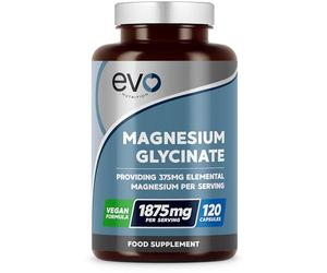 EVO Nutrition Magnesium Glycinate 1875mg, 375mg Elemental, 120 Capsules | High strength bisglycinate, supports sleep, relaxation, energy & cognitive health, UK made.