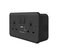 Evoges 20W USB C Fast Charge Metal Clad Double Socket, BS 1363-2:2023 Standard, Matt Black Wall Plug USB C, 13A Switched, Black Inserts