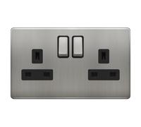 EVOGES Terra 2 Gang 13A Double Pole Switched Socket - Decorative Wall Power Outlet, Twin Plug Socket, Fits Standard UK Back Boxes, UK Wiring Accessories (Brushed Chrome/Black Insert)