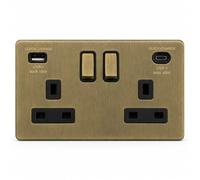 EVOGES Terra 2 Gang Switched Socket with USB-C 45W & USB-A Fast Charge - 13A Double Pole Wall Socket, Fits Standard UK Back Boxes (Antique Brushed Brass)