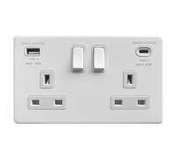 EVOGES Terra 2 Gang Switched Socket with USB-C 45W & USB-A Fast Charge - 13A Double Pole Wall Socket, Fits Standard UK Back Boxes (Matt White)