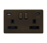 EVOGES Terra 2 Gang Switched Socket with USB-C 45W & USB-A Fast Charge - 13A Double Pole Wall Socket, Fits Standard UK Back Boxes (Slate Bronze)