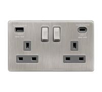 EVOGES Terra 2 Gang Switched Socket with USB-C 45W & USB-A Fast Charge - 13A Double Pole Wall Socket, Fits Standard UK Back Boxes (Brushed Chrome/Grey Insert)