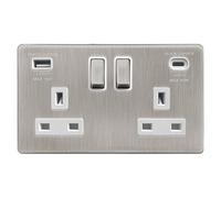 EVOGES Terra 2 Gang Switched Socket with USB-C 45W & USB-A Fast Charge - 13A Double Pole Wall Socket, Fits Standard UK Back Boxes (Brushed Chrome/White Insert)