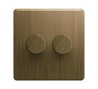 Evoges Terra Push Dimmer Light Switch, 250VA Rotary LED Dimmer, Antique Brushed Brass Decorative Metal Wall Plate, Push On Off Lighting Control (2 Gang)
