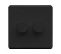 Evoges Terra Push Dimmer Light Switch, 250VA Rotary LED Dimmer, Matt Black Decorative Metal Wall Plate, Push On Off Lighting Control (2 Gang)