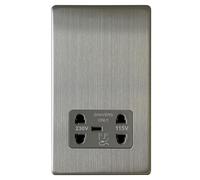 EVOGES Terra Shaver Socket Dual Voltage 115V/230V - Bathroom Shaver Supply Unit, Isolated Safety Socket, Wall Mounted, Fits Standard UK Back Boxes (Brushed Chrome/Grey Insert)