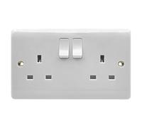 EVOGES Vector 13A 2 Gang Double Pole Switched Socket - White Gloss Double Plate, UK 3-Pin Power Outlet, Includes Fixing Screws & Screw Caps, UK Standard Wall Mount