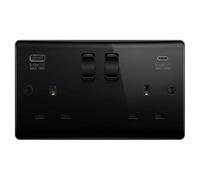 Evoges Vector 13A 2 Gang Double Socket USB C 20W Fast Charge, Gloss Black | DP switched wall outlet, no adapters needed - complete fixing screw and cap kit for a neat, professional finish