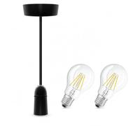 EVOGES Vector Black Ceiling Pendant Light Fitting Bundle with 2 x E27 LED Filament Bulbs | Adjustable 6 Inch Cable | ES Edison Screw Lamp Holder | Complete Ceiling Light Kit | Warm White 2700K
