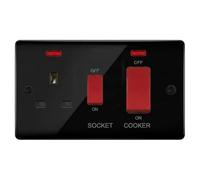 Evoges Vector Cooker Switch with Socket, 45A & 13A Neon, Gloss Black | Combined cooker isolator and switched socket in one - complete fixing screw and cap kit for a neat finish