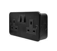Evoges Vector Metal Clad 13A Double Socket, Surface Mounted, Black | Heavy duty steel back box for industrial use - includes fixing screws for a secure surface mount