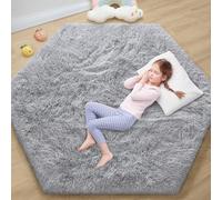 EVOIONOS Grey Hexagon Area Rug, Fluffy Bedroom Carpet, 5.2x6 Feet, Soft Non-Slip, Kids Girls Room, Dorm Rug