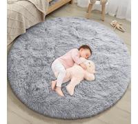 EVOIONOS Grey Round Rug for Bedroom, 4x4 Ft Fluffy Soft Circle Area Rugs for Living Room, Plush Shaggy Circular Carpet for Indoor Floor Bedside Kids Nursery, Machine-Washable Home Decor Aesthetic