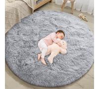 EVOIONOS Grey Round Rug for Bedroom, 5x5 Ft Fluffy Soft Circle Area Rugs for Living Room, Plush Shaggy Circular Carpet for Indoor Floor Bedside Kids Nursery, Machine-Washable Home Decor Aesthetic
