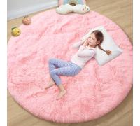 EVOIONOS Pink Round Rug for Girls Bedroom, Fluffy Circle Rug for Kids Room, 5x5 Feet Plush Area Rug for Bedroom, Soft Fuzzy Circular Rug, Non Slip Shaggy Living Room Rug, Nursery Dorm Cute Rug Decor