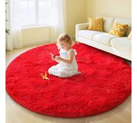 EVOIONOS Red Round Rug for Bedroom, 5x5 Ft Fluffy Soft Circle Area Rugs for Living Room, Plush Shaggy Circular Carpet for Indoor Floor Bedside Girls Nursery, Machine-Washable Home Decor Aesthetic
