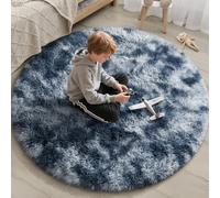 EVOIONOS Tie-Dyed Blue Grey Round Rug Living Room, 6x6 Ft Fluffy Soft Circle Area Rugs Bedroom, Plush Shaggy Circular Carpet Indoor Floor Bedside Kids Nursery, Machine-Washable Home Decor Aesthetic