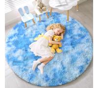 EVOIONOS Tie-Dyed Blue Round Rug Bedroom, 5x5 Ft Fluffy Soft Circle Area Rugs Living Room, Plush Shaggy Circular Carpet Indoor Floor Bedside Kids Nursery, Machine-Washable Home Decor Aesthetic