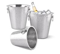 EVOKK 3 Pack Silver Wine Ice Bucket Stainless Hammered Steel Champagne Cooler with Handles Large Metal Ice Bucket for Wine Champagne and Beverages Premium Bar and Party Accessory