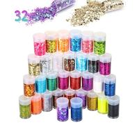 EVOKK 32pcs Fine & Chunky Glitter Mix - Extra Fine & Holographic Glitter Powder for Crafting, Resin, Nail Art, Body Glitters, DIY Projects, Scrapbooking, Christmas Decorations, Art & Crafts Supplies