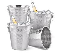 EVOKK 4 Pack Silver Wine Ice Bucket Stainless Hammered Steel Champagne Cooler with Handles Large Metal Ice Bucket for Wine Champagne and Beverages Premium Bar and Party Accessory