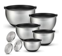 EVOKK 5-Piece Stainless Steel Mixing Bowl Set with Lids & 3 Graters - Metal Kitchen Salad Bowls with Lids, Grater Bowl, Stackable Steel Mixing Bowl 8-Piece Set, Size 1.6/2.2/3 /4 /5QT