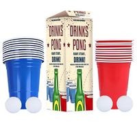 EVOKK Beer Ping Pong Game Set/ 24-Piece Pong Set Drinking Games 16oz Blue & Red Plastic Cups Pong Games for Students Birthday Parties Fun Drinking Game Games for Adults. (White Balls)
