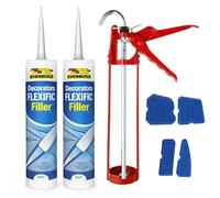 EVOKK Caulking Gun 11 inch, 4 Piece Silicone Sealant Finishing Tool Set with 2 Filler,Silicone Gun Applicator, Plunger Handle Release Lever, Skeleton Gun for 300ml Silicone Sealant (Bundle)