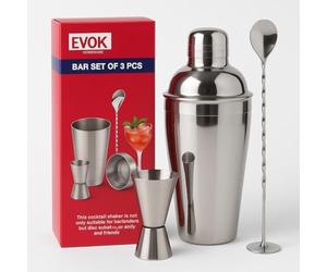 EVOKK Cocktail Shaker Set, 3 Pcs Satinless Steel Cocktail Making Set with 750 ml Shaker, Double Jigger 25 & 50 ml & 27.5cm Mixing Spoon, Baternder Cocktail Kit for Home, Christmas & Party