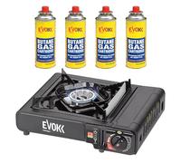 EVOKK Portable Gas Camping Stove with 4 Butane Canisters & Stove Case - Premium Camping Portable Gas Stove with Automatic Ignition and Heat Control - Gas Cooker and Camp Stove for Outdoor Cooking
