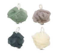 EVOKK Shower Puff Loofah Set of 4 Soft & Exfoliating Bath Sponges for Adults | Bath Scrunchie | Mesh Bath Sponge for Luxurious Cleanse and Skin Care (Grey, Sea Green, Cream, Light Brown)
