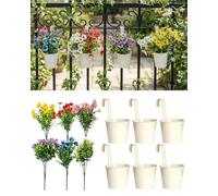 Evolpor 6 Pack Metal Iron Hanging Flower Pots with 6 Pcs Artificial Flower Bouquets, Small Balcony Hanging Planters with Drainage Holes and Detachable Handles for Indoor Outdoor Home Garden Decor